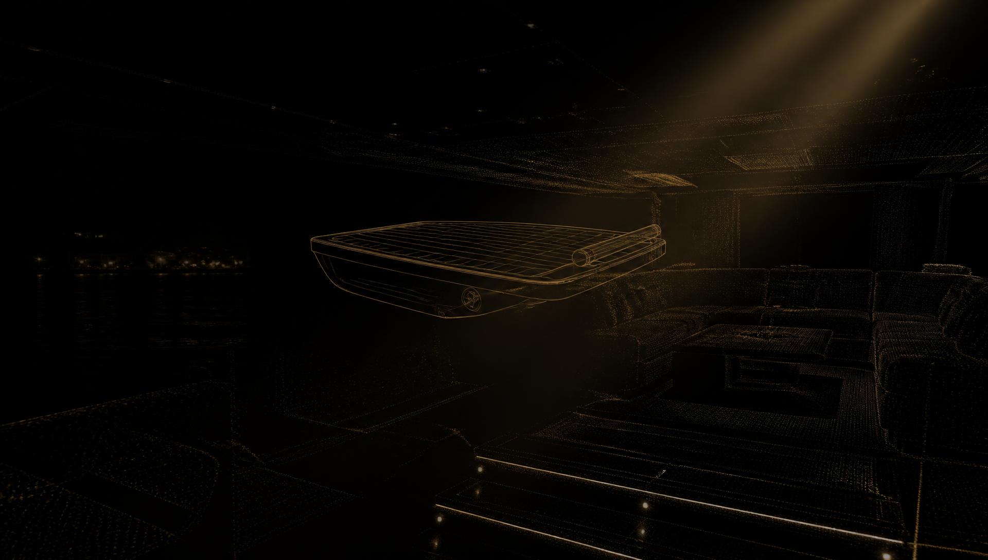 CAD wireframe of a bespoke yacht accessory over a LiDAR point cloud