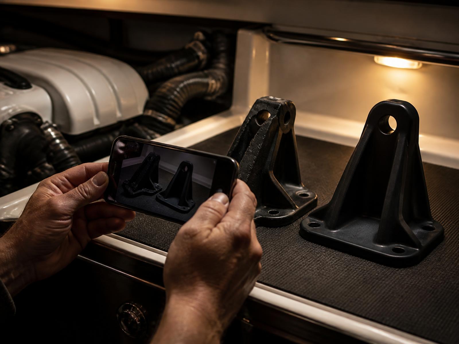 Crew photographing a broken bracket next to its freshly manufactured replacement