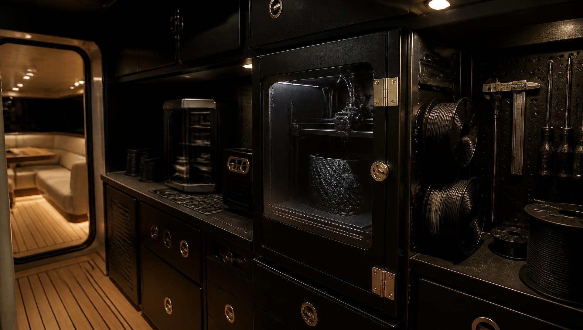 Compact onboard manufacturing module installed in a yacht workshop